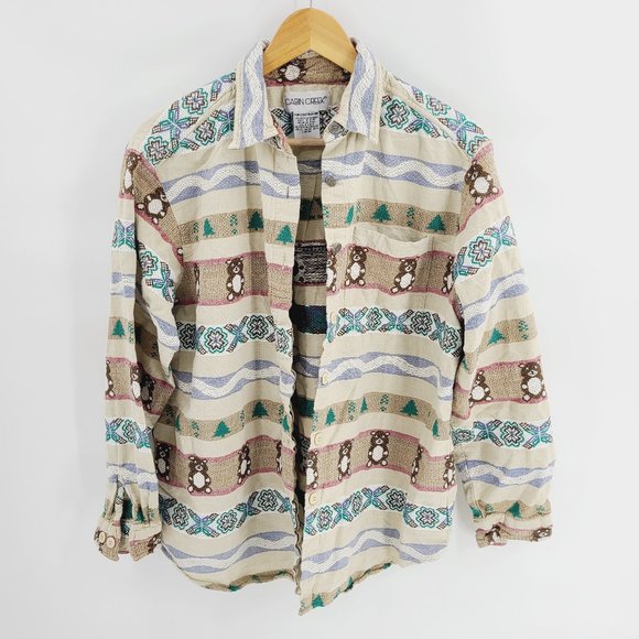 Vintage Tops - VINTAGE Cabin Creek Bear and Trees Button Down Flannel Long Sleeve Top Size XL